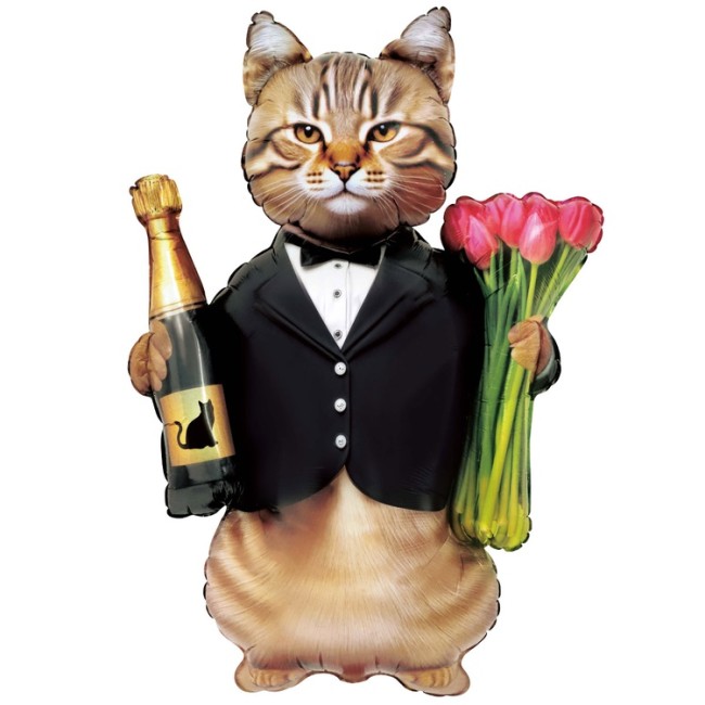 Вз (46''/117 см) ФИГУРА Кот с тюльпанами и шампанским, 1 шт. в уп.