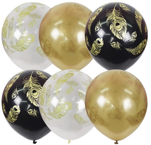 M (12"/30см) BLACK&GOLD&TRANSPARENT (шелк) 5 ст. рис Перо Павлина, 25 шт.