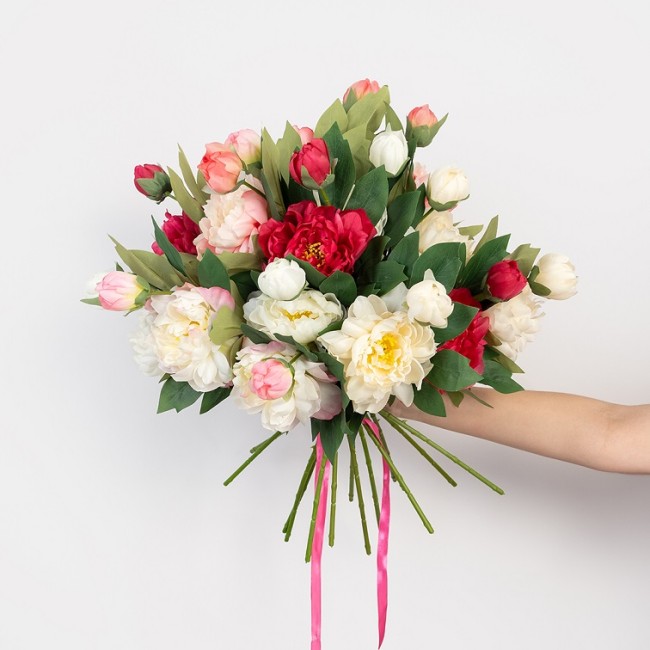 Пион, искусственный, Бело-розовый, 60 см, 1 шт. в упак.