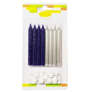 MС Свечи Ассорти Navy Blue с блестками&Silver 8 см с держателями, 8 шт.