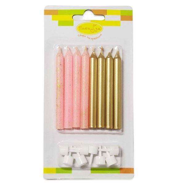 MС Свечи Ассорти Pink с блестками & Gold 8 см с держателями 8 шт.