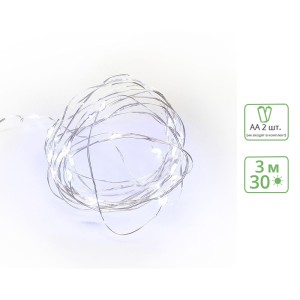 Светодиодная белая гирлянда "Роса" на батарейках, 30 шт, 3 м.